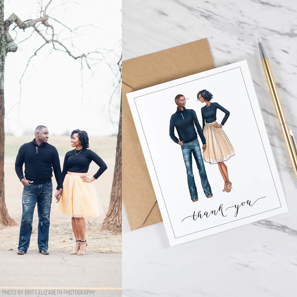photo of couple with an illustrated thank you card with the same image