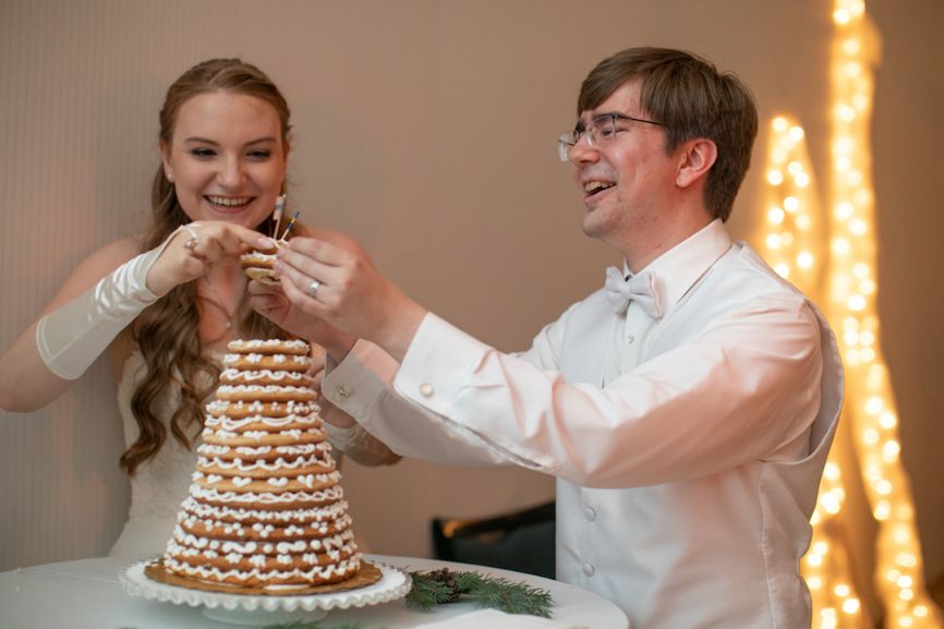 bride and groom laughing 