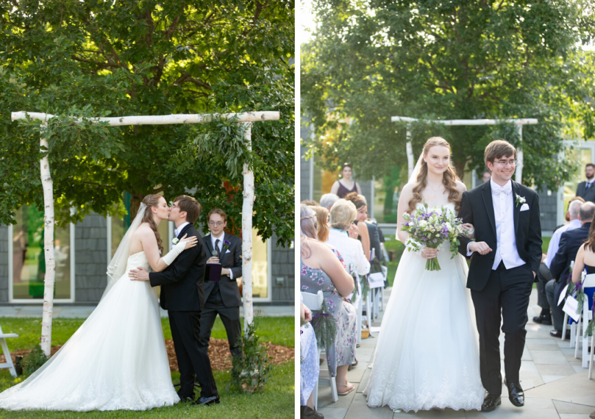 bride and groom kissing and bride and groom walking back up the aisle together