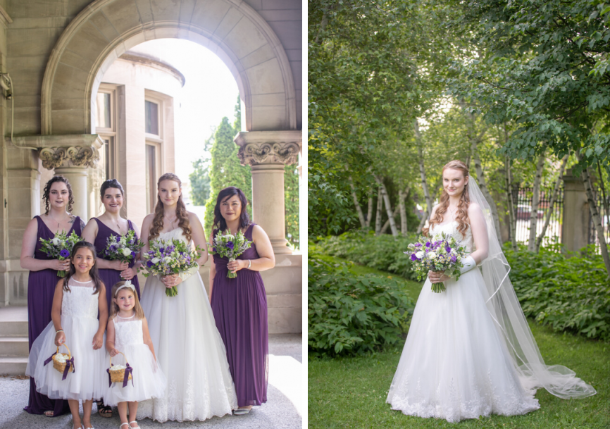 bride, bridesmaids and flower girls posing