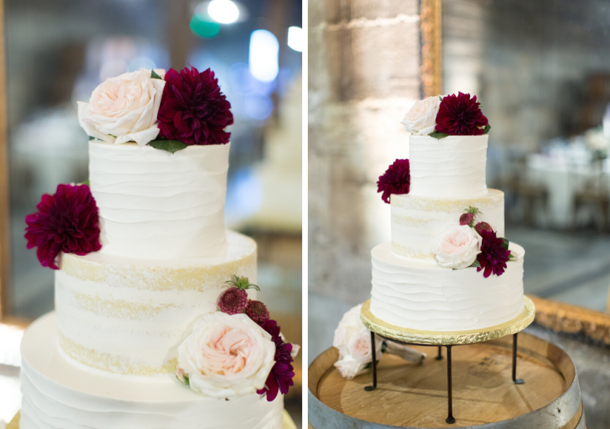 blush and deep red accents on cake