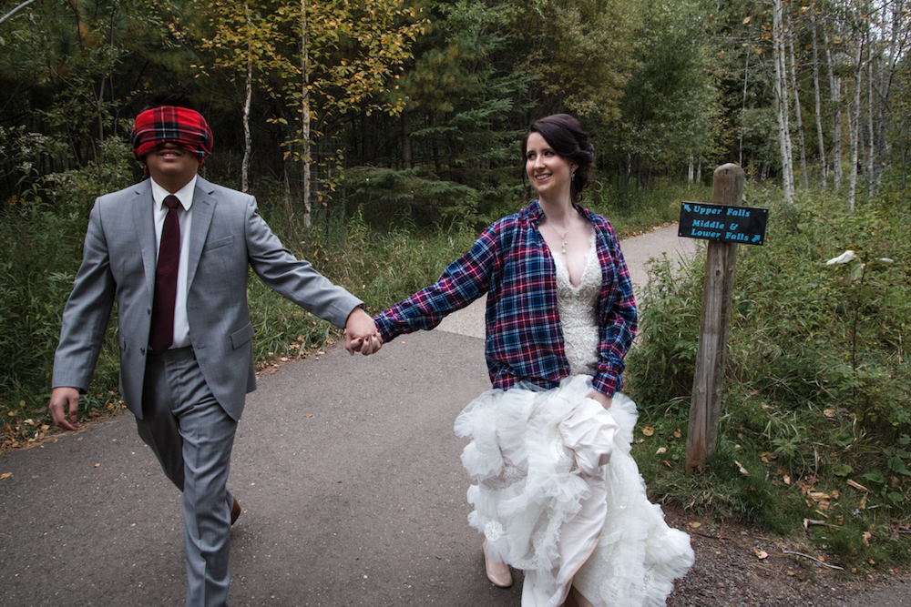 groom blindfolded with a flannel