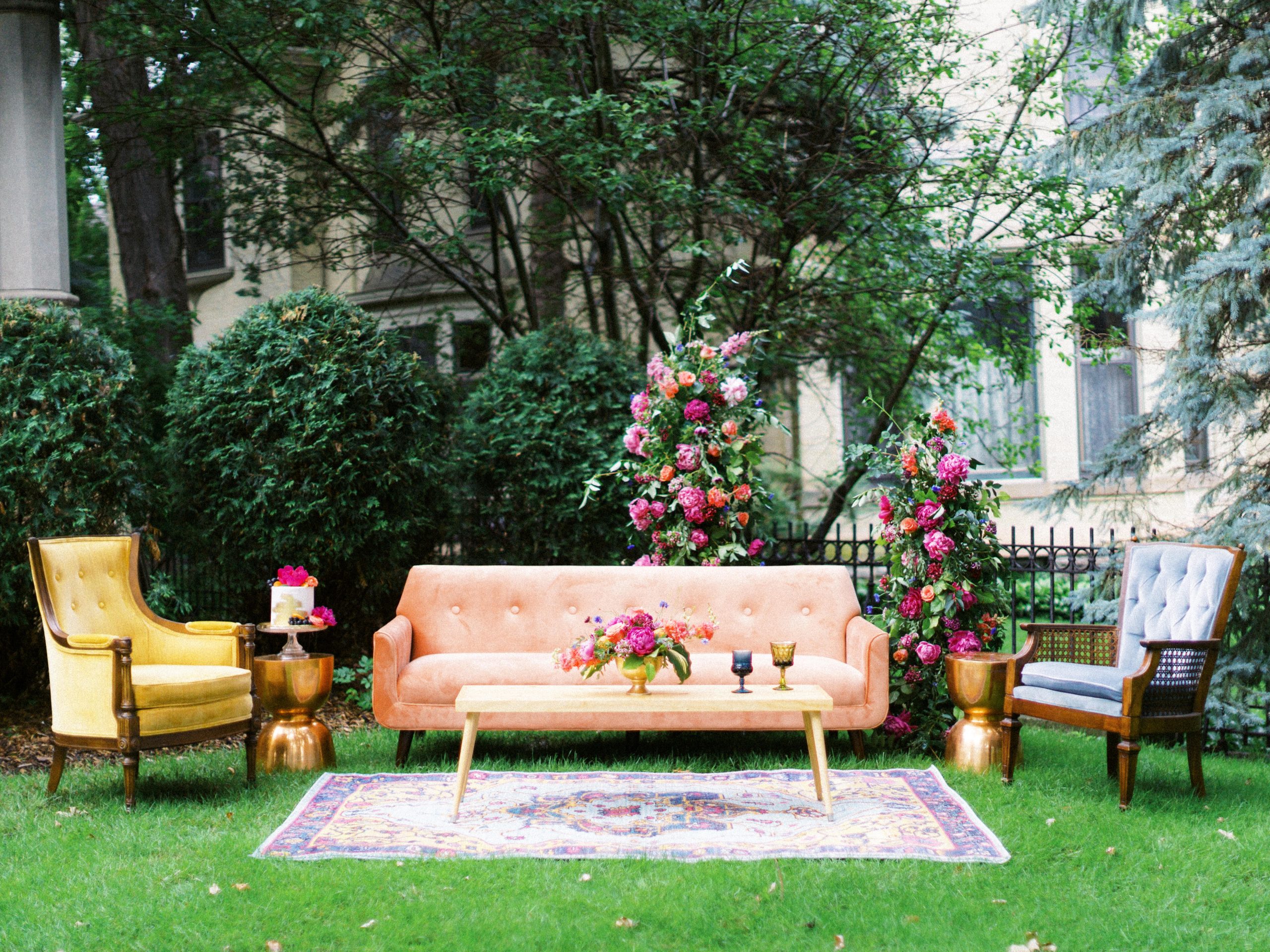 bright colored couch and chairs arranged outside