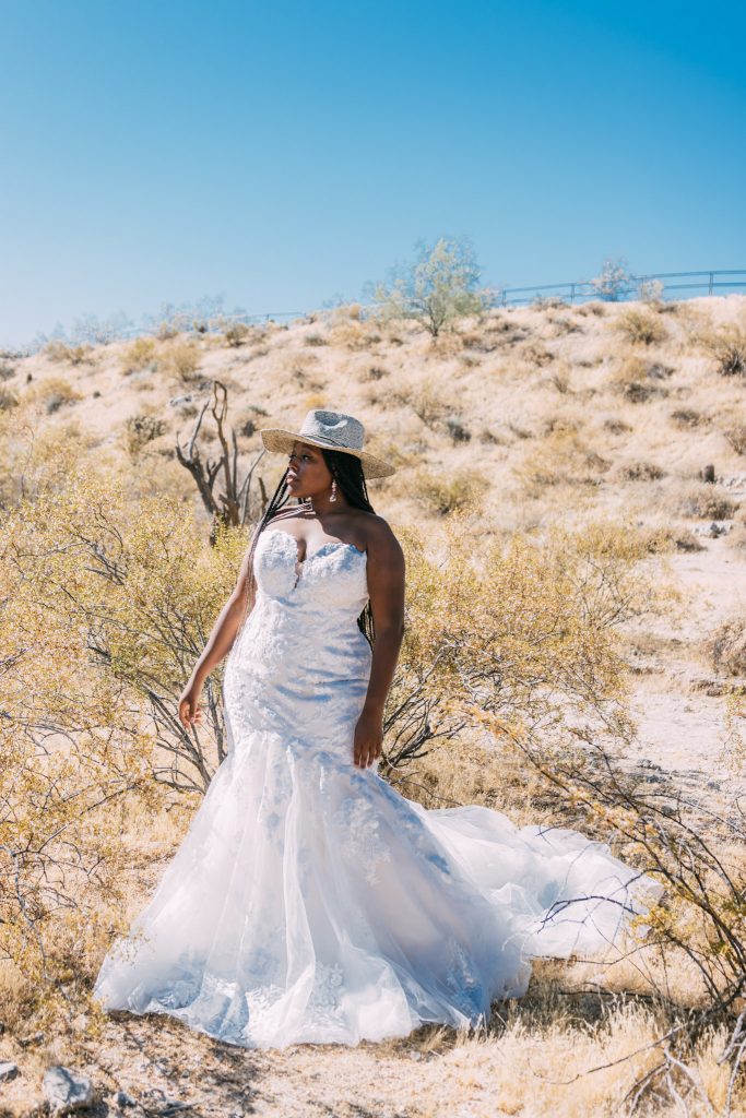 bride in wedding dress in desert