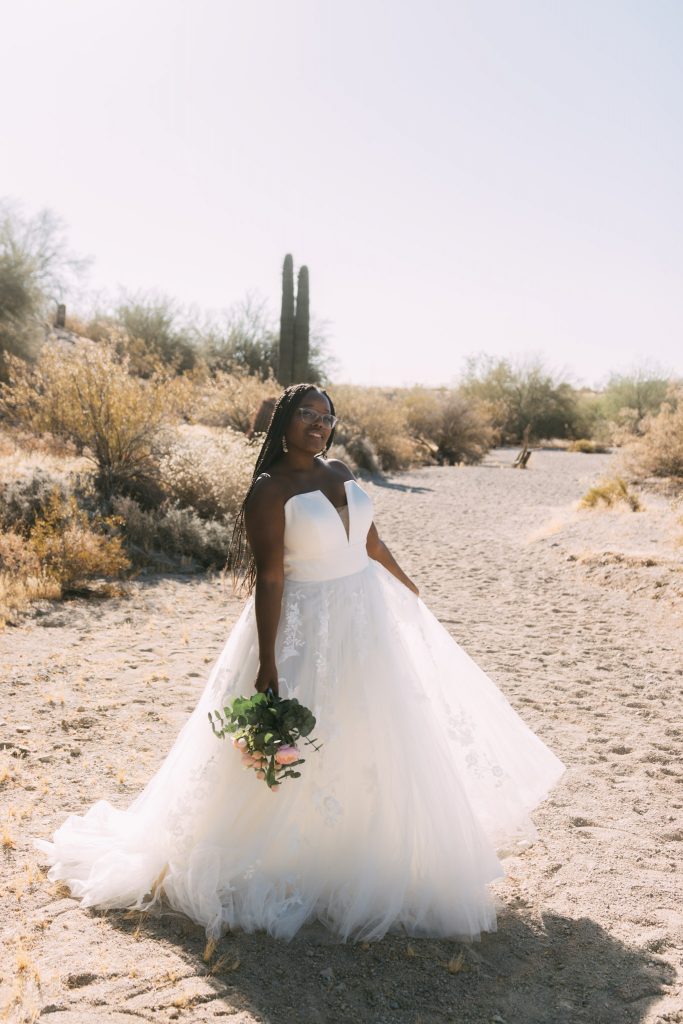 bride in wedding dress in desert