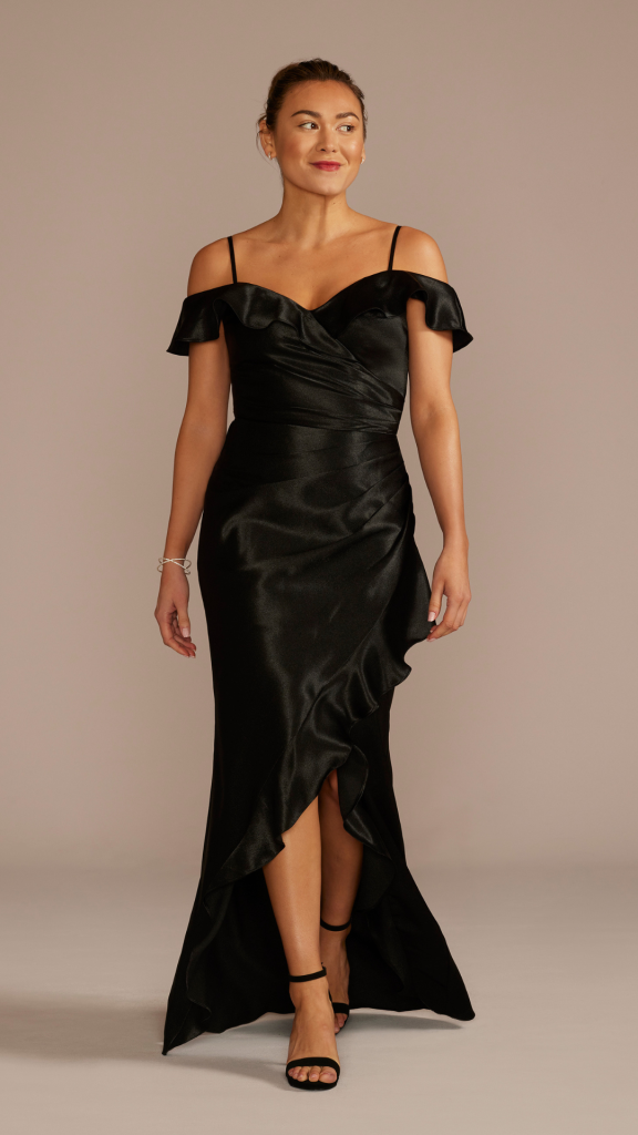 Off-Shoulder Ruffle Textured Satin Sheath Dress