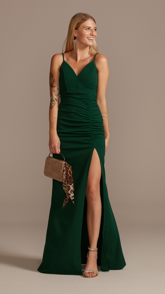 Crepe Spaghetti Strap Gown with Ruching