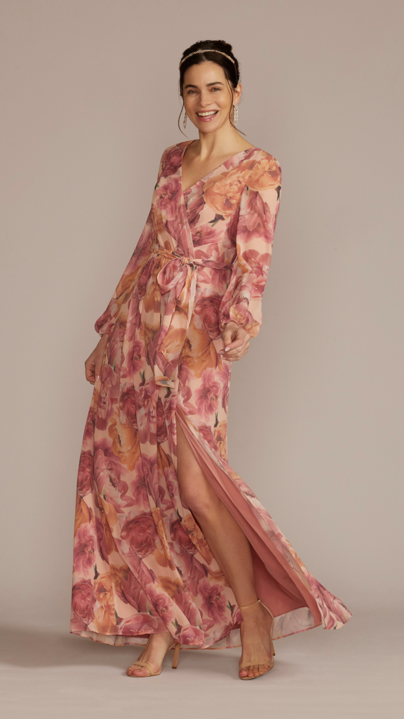 long sleeve floral chiffon maxi dress with slit