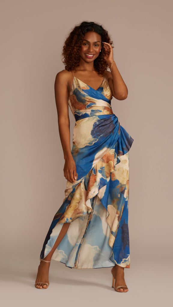 abstract floral charmeuse ruffle dress