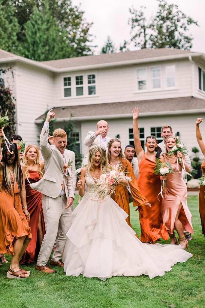 full bridal party celebrating at Backyard Wedding in Washington