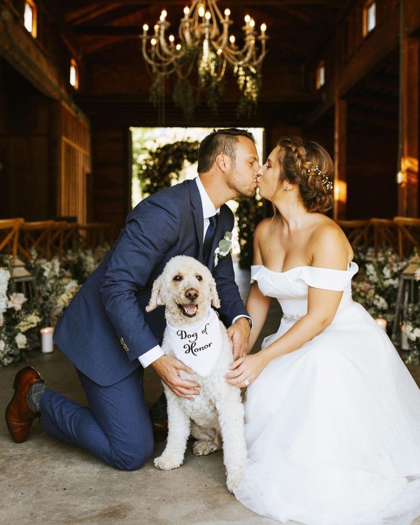 bride and groom with dog