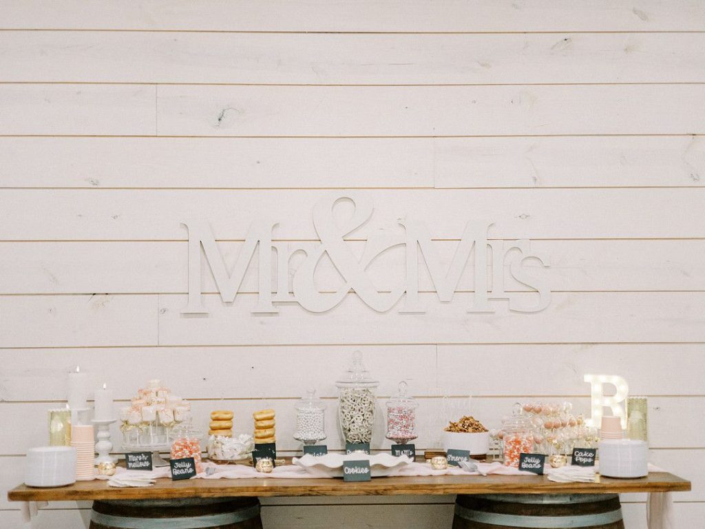 wedding dessert table with Mr. & Mrs. sign