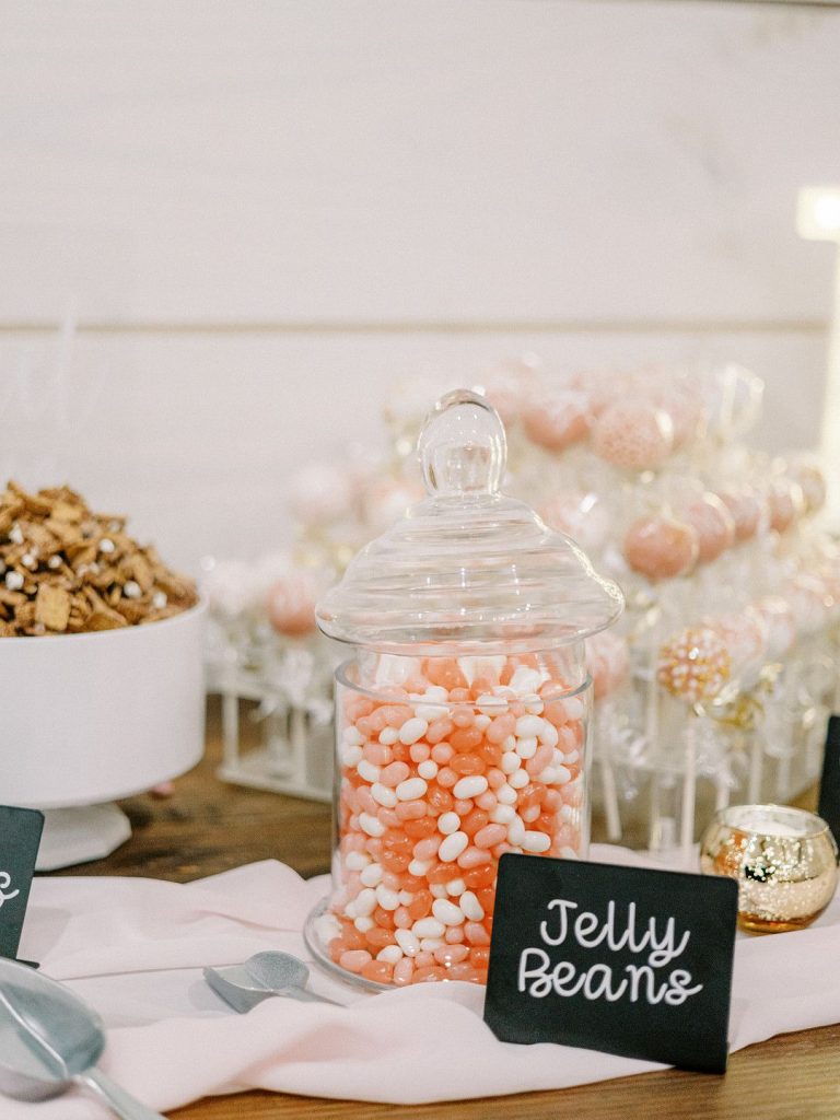 wedding dessert table at romantic barn wedding in Texas