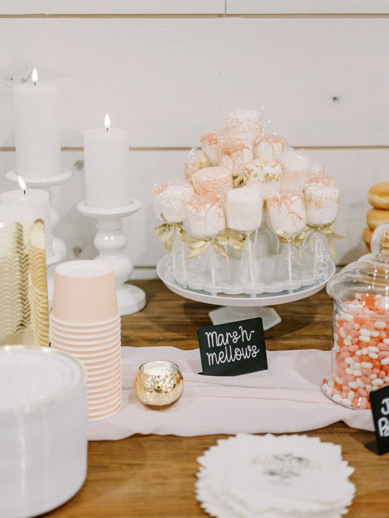 wedding dessert table at romantic barn wedding in Texas