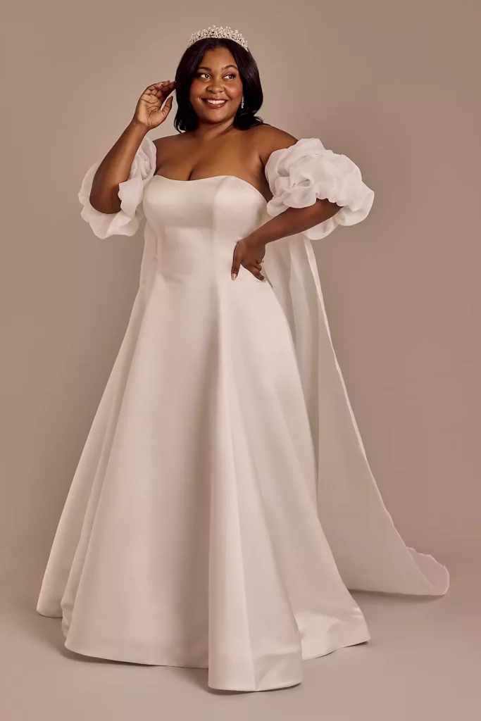 David's Bridal Oleg Cassini Satin A-Line Wedding Dress with Removable Cape