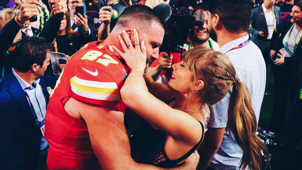 Taylor Swift and Travis Kelce embrace after his Super Bowl win 