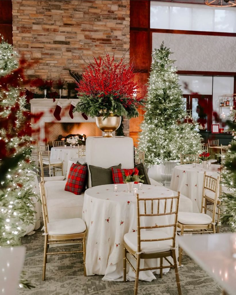 Festive table settings at a winter wedding