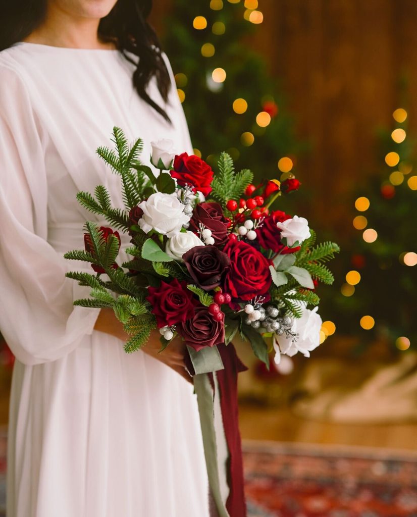 A bride in a long sleeve white dress