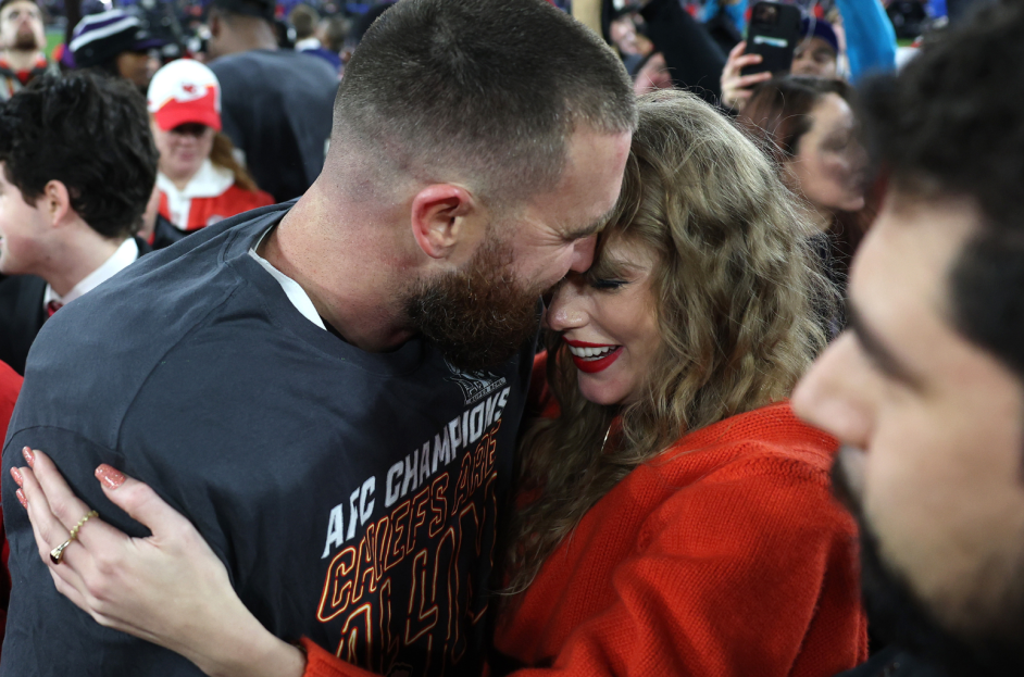 Taylor Swift and Travis Kelce embrace after his AFC Championship victory in January 2024