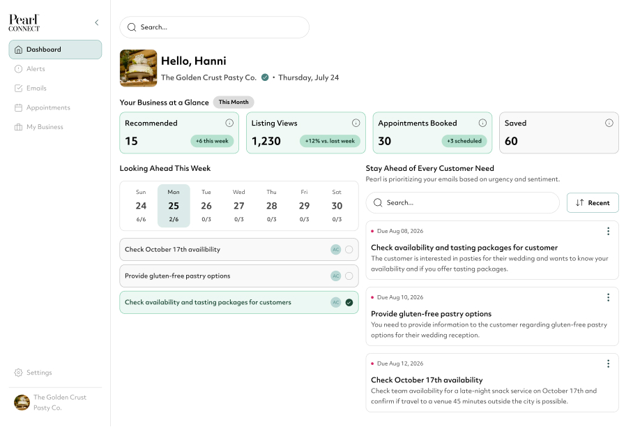 An image of the Pearl Connect wedding vendor platform dashboard.