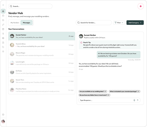 The Pearl Connect wedding vendor platform communication hub.